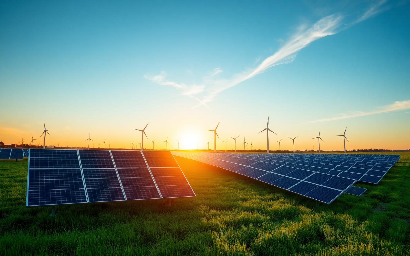 Solar panel array and wind turbines at sunrise